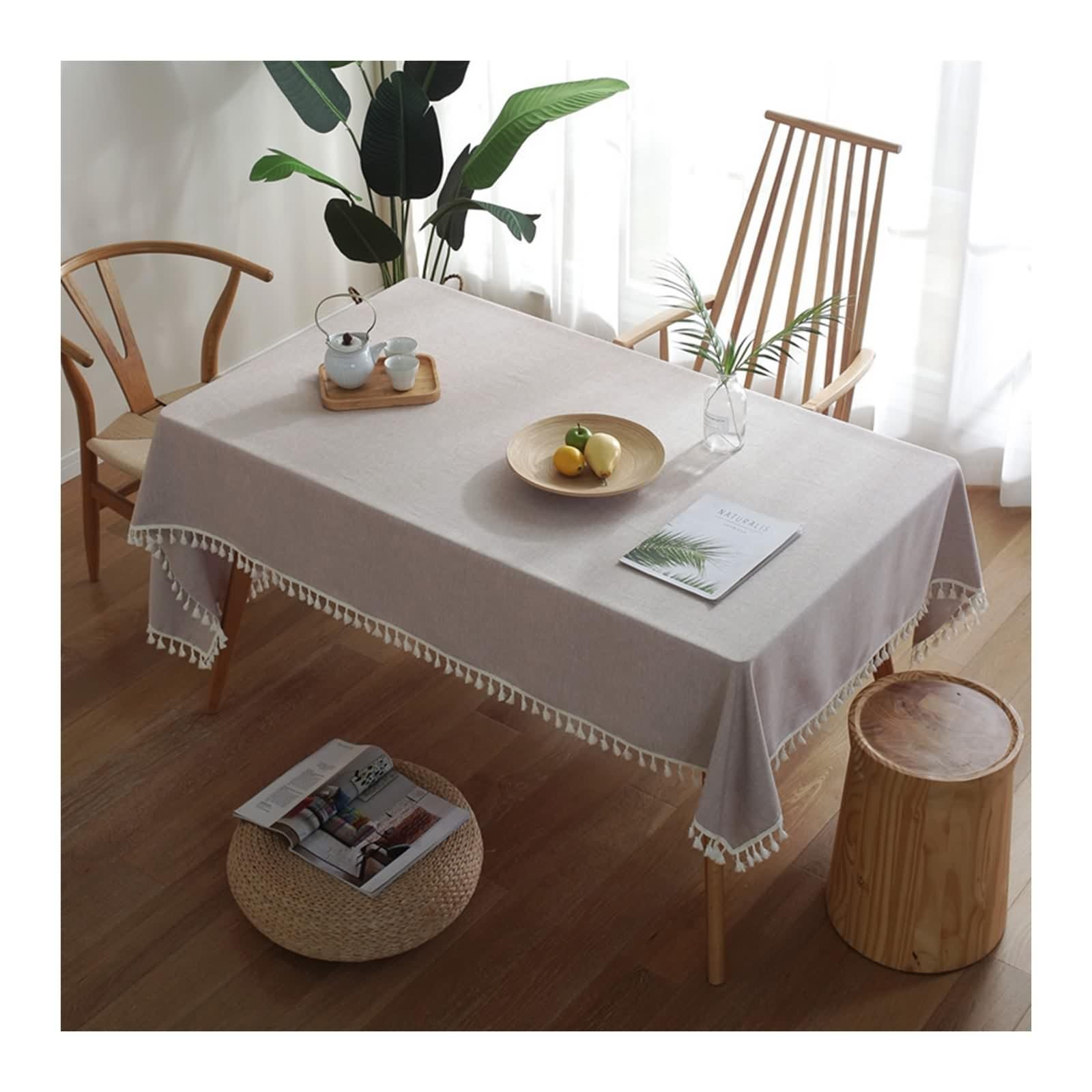 Tovaglia Beige Rettangolare Elegante, Tovaglia Cucina 120X160 Poliestere Tinta Unita con Nappa Tovaglia Tavolo per Compleanno Festa Matrimonio