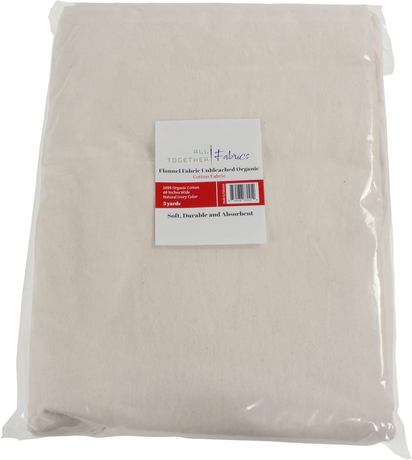 Organic Cotton Flannel (5 Yards, Pre-Cut), Unbleached Natural Ivory Color, 60 Inches Wide, GOTS Certified 100% Natural Organic Cotton, Medium Weight 4.7 Ounces Per Square Yard