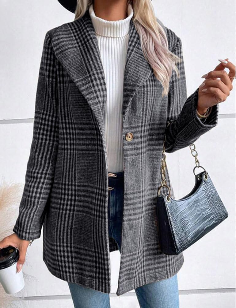 IDEALSANXUN Blazer long en laine à carreaux pour femme - Tenue d'automne - Trench d'hiver à manches longues - Décontracté - Veste habillée à revers - Caban