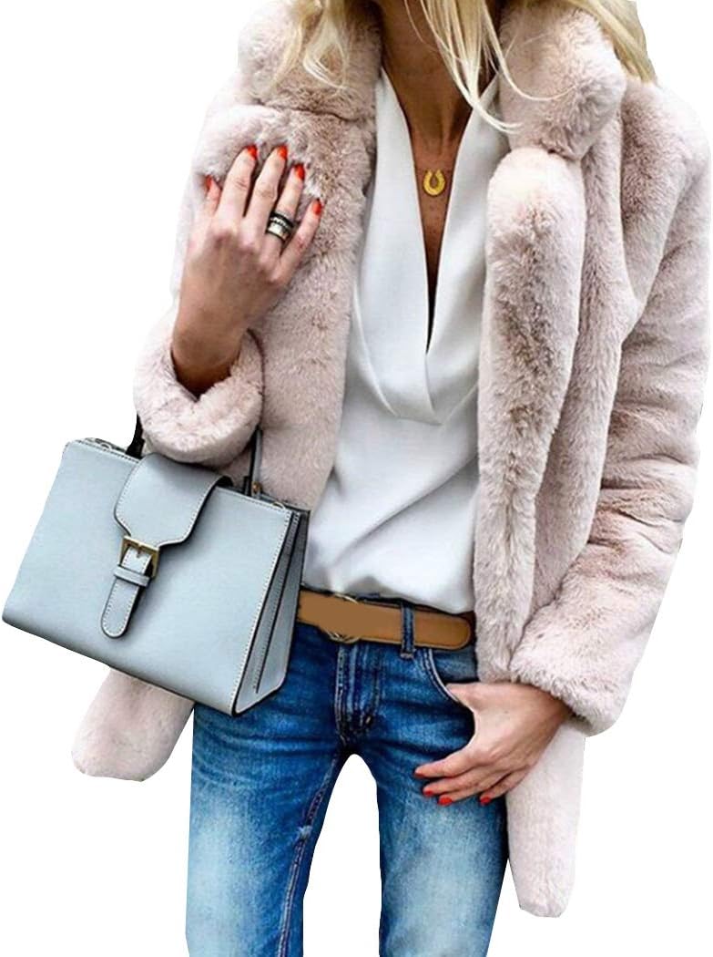 moonWANG Women's Coat Faux Fur Jacket Thicken Womens Overcoat Casual Warm Winter Coat Pink