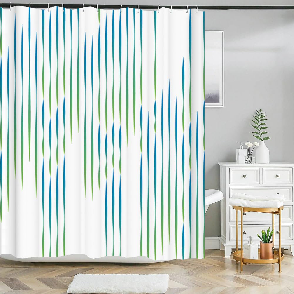 Duschvorhang 200x200 mit Blau Grünem Streifenmuster, Moderner Schlichter Geometrischer Druck Auf Weißem, Wasserdichtem Polyestergewebe, Badezimmervorhang mit Haken für die Badewannendekoration, B2