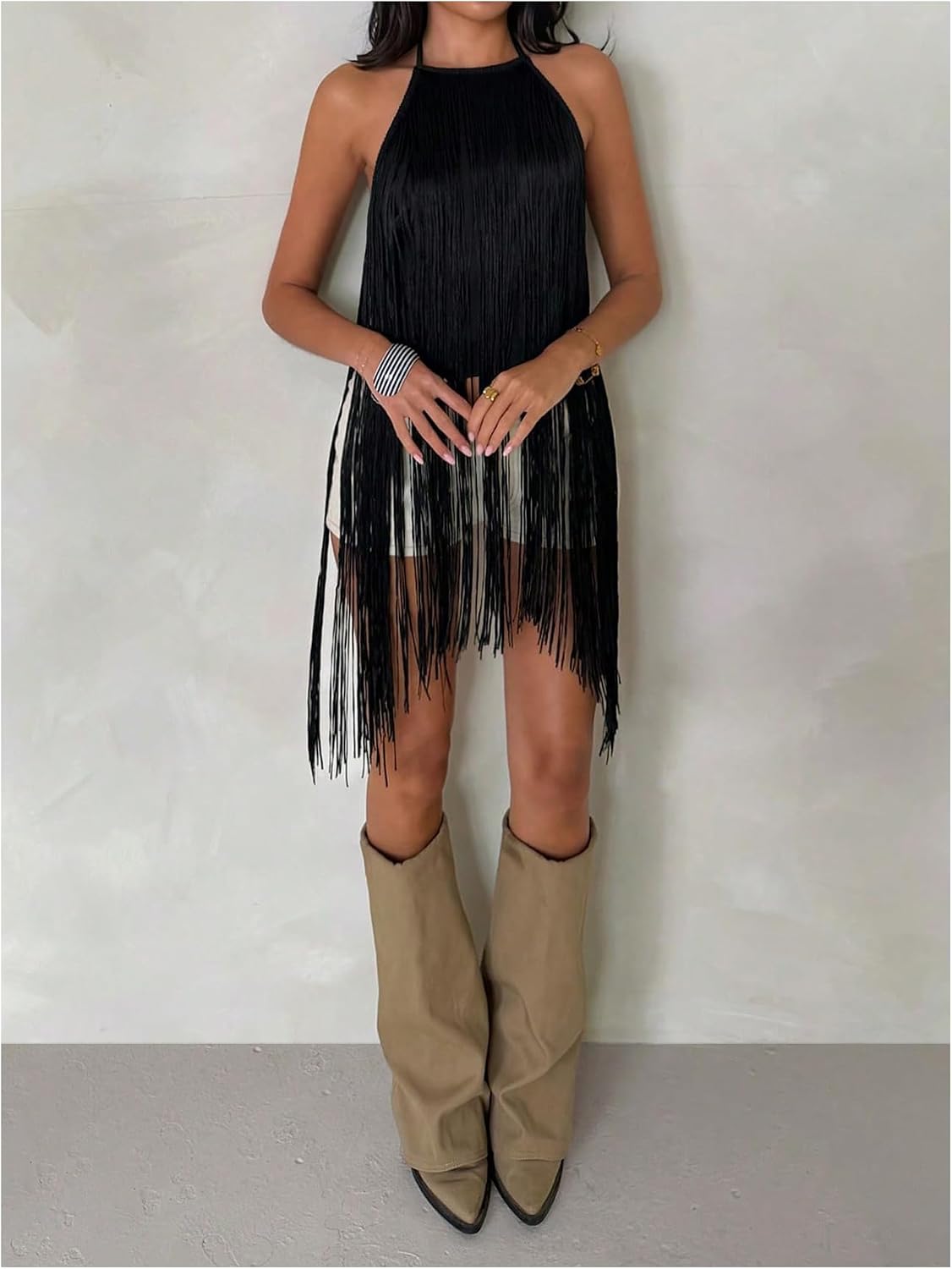 SHENHE Women's Western Fringe Top Backless Tassel Halter Top Country Concert Cowgirl Outfits