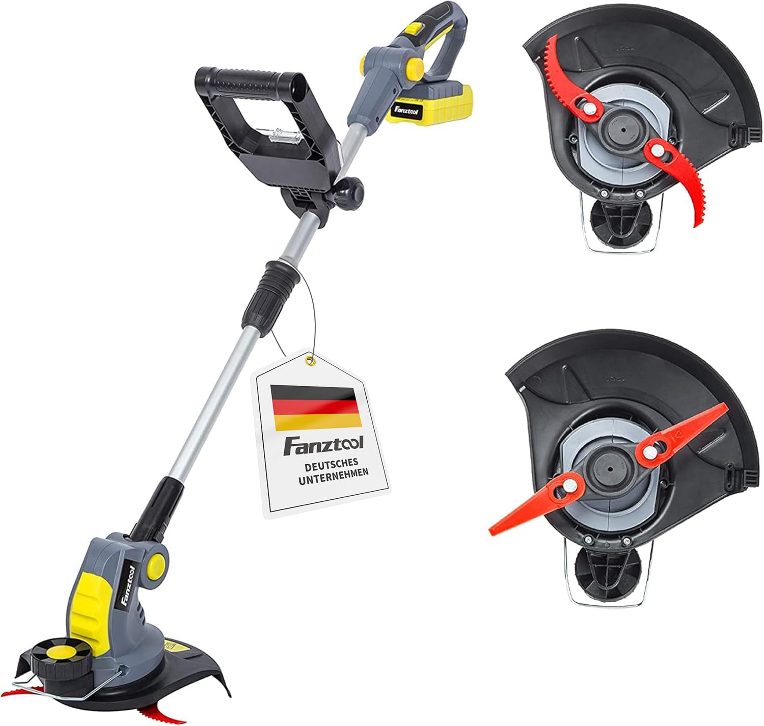 FANZTOOL Débroussailleuse Électrique sans Fil, Coupe-Bordure sans Fil avec Batterie, avec Chargeur Inclus, Lame Droite et Lame Courbée Dentée, Poignée Réglable, idéale pour Jardin, pelouse et Champs