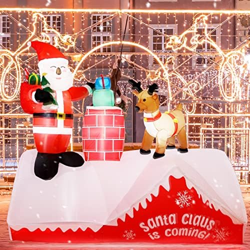 JOYDECOR 8FT Santa and Reindeer Standing by The Chimney on The Roof Christmas Inflatable Decoration, Built-in LED, Indoor Yard Holiday Season, Quick Air Blown, red