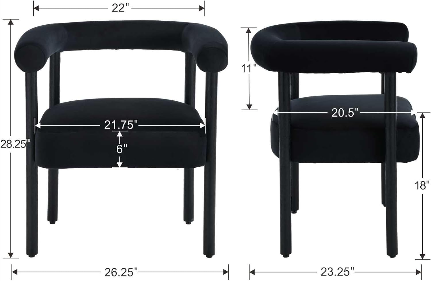 Mid Century Modern Barrel Dining Chairs Set of 2, Farmhouse Upholstered Kitchen & Dining Room Chairs with Arms, Velvet Accent Side Chair for Kitchen Living Room Bedroom, Black