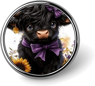 Highland Calf with Purple Bow Brooch Pins, Round Lapel Pin for Women Men | Cute Hat Button Pins for Suits, Custom Lapel Pins, Funny Bag Badge Pin Tie Tack Brooch Clothing, Fashion Jewelry Accessories