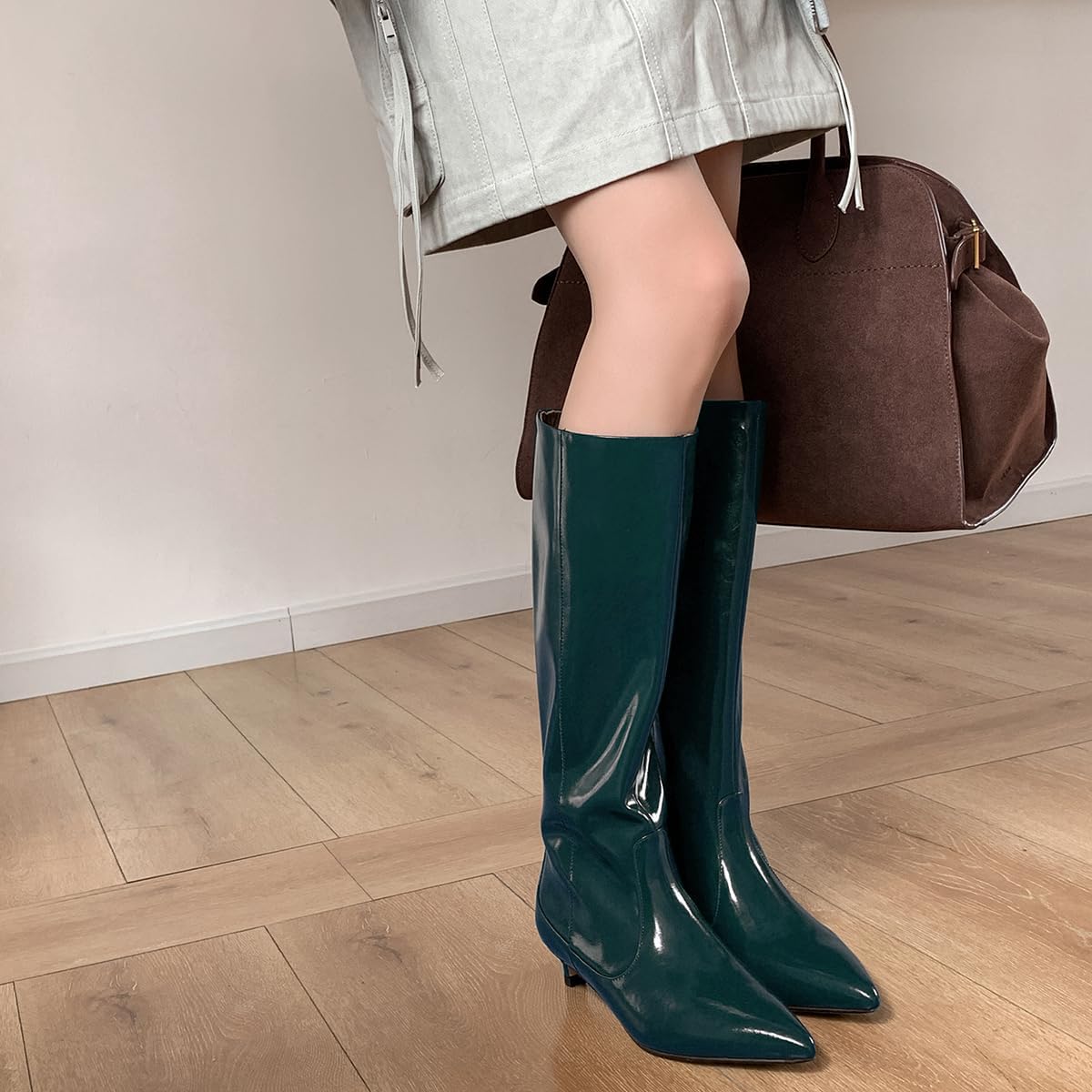 SHODENSE Women Low Kitten Heel Knee High Boots Wide Calf Pointed Toe Metallic Dress Boots Matte leather Pull On Long Boots Stretchy Fashion Casual Office Work Boot Comfort Retro Fall Winter 4-11 M US