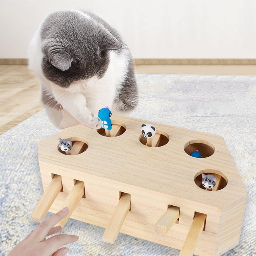 Milageto Caja de para Gatos Juguete Interactivo de Madera con Animales de Silicona Juego de Captura Y Mejora Alertidad Y Estimula Compañerismo, 5 Agujeros