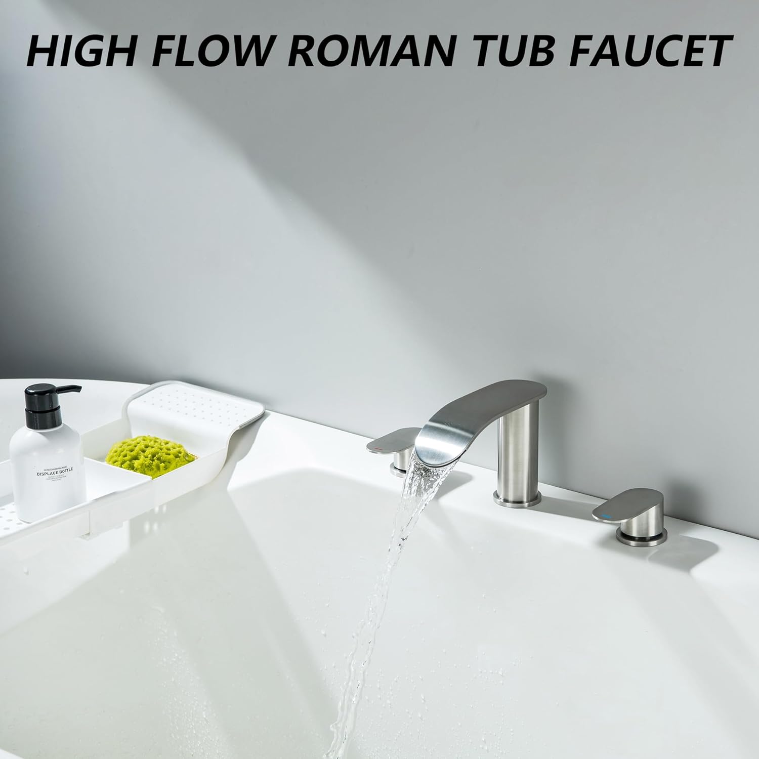 Roman Tub Faucet, High Flow Waterfall 3 Hole Bathtub Faucets Sets Deck Mount Bath Tub Faucet, Brushed Nickel