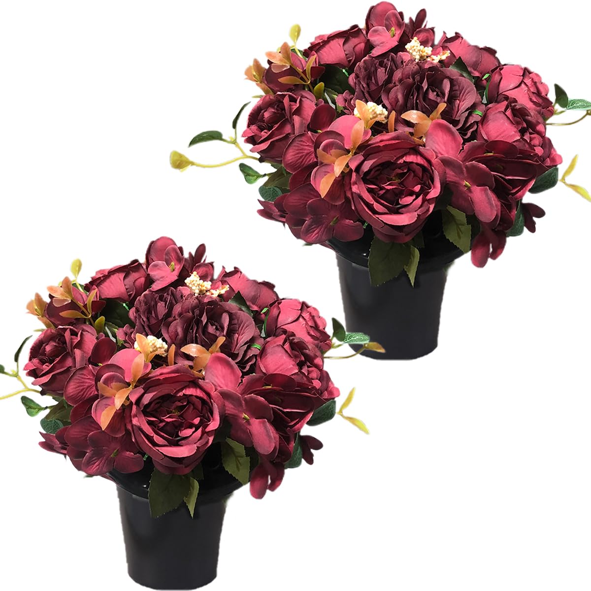 Etomvoop Purple 2Pcs Artificial Flowers For Grave, 12 Head Silk Rose Peony Hydrangea Cemetery Flower In Pot, Real Like Uv-Resistant Fake Funeral Floral For Outdoor Graveside Memorial Home Decoration