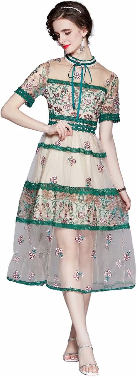 XINUO Women's Summer Short Sleeve Dresses Dress Luxury Formal Lace Jacquard Organza Embroidered Slim Midi Dresses (Beige & Green, US 10,Asian Size XL)