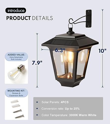 Miniatura 3 de Faroles solares de pared E26 con bombilla reemplazable (negro, 2 piezas)