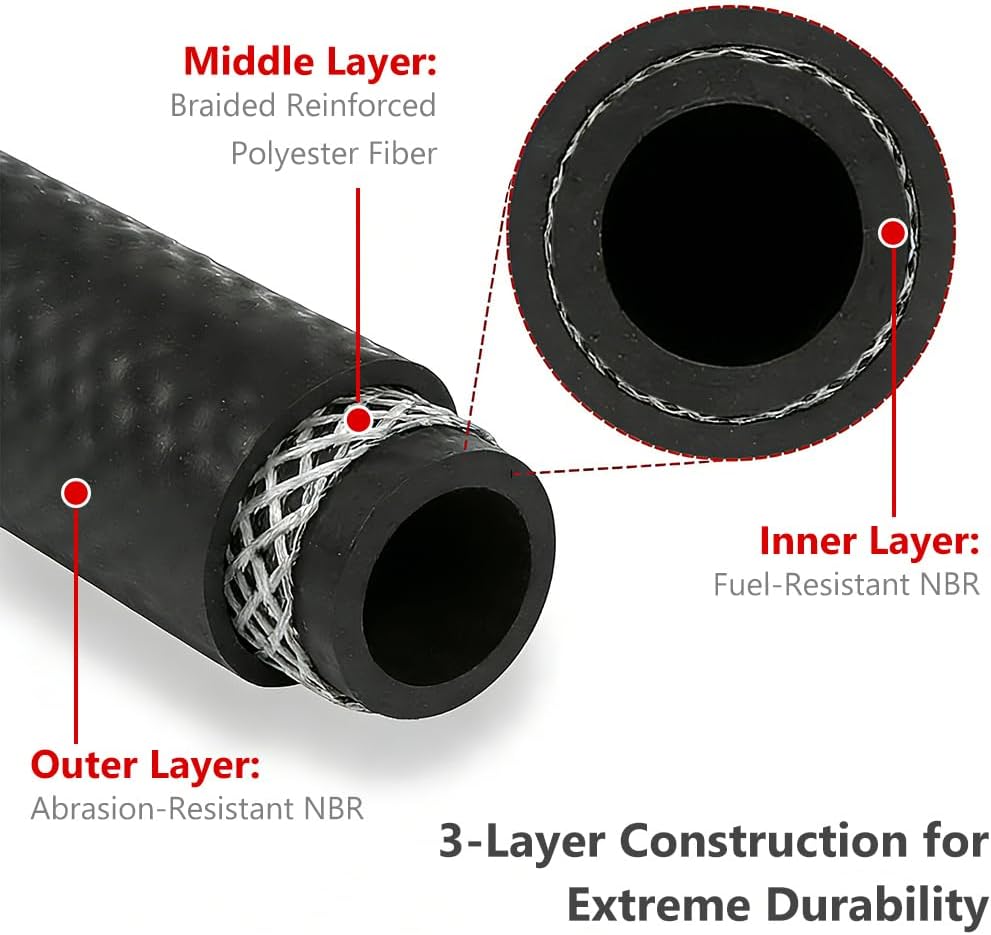 1/2 Inch Fuel Line Hose 300 PSI R10 Push Lock Hose - for Gas, Diesel, E85, Oil & Hydraulic Fluid - Flexible Replacement for Fuel Pump, Supply & Return Lines