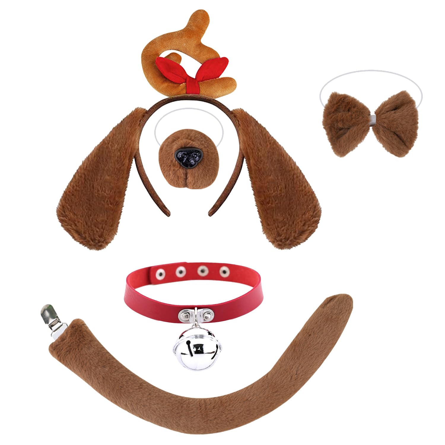 XNHIU 5pcs Antler Dog Costume Deer Antler Dog Ears Headband Red Collar Choker Bowtie Nose and Tail Reindeer Fancy Dress Accessory Funny Party Favors for Christmas Party