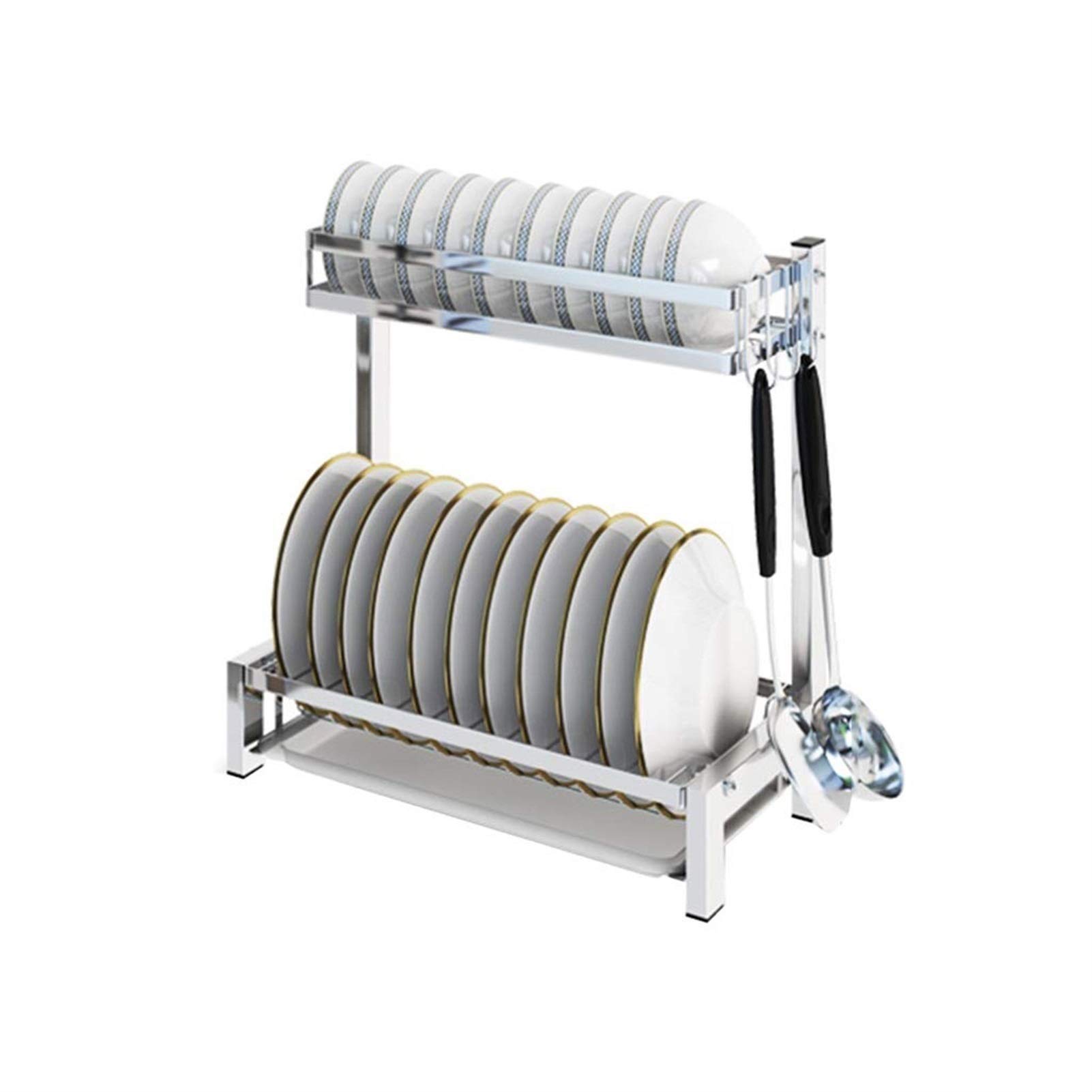 XYIANG Utensil Holders Housewares 2-Tier Dish Drainer,40 Cm - Dish Drainers 2-Tier Dish Rack Dish Drainer Cutlery Tableware Draining Drying Storage Rack Holder with Draining Tray