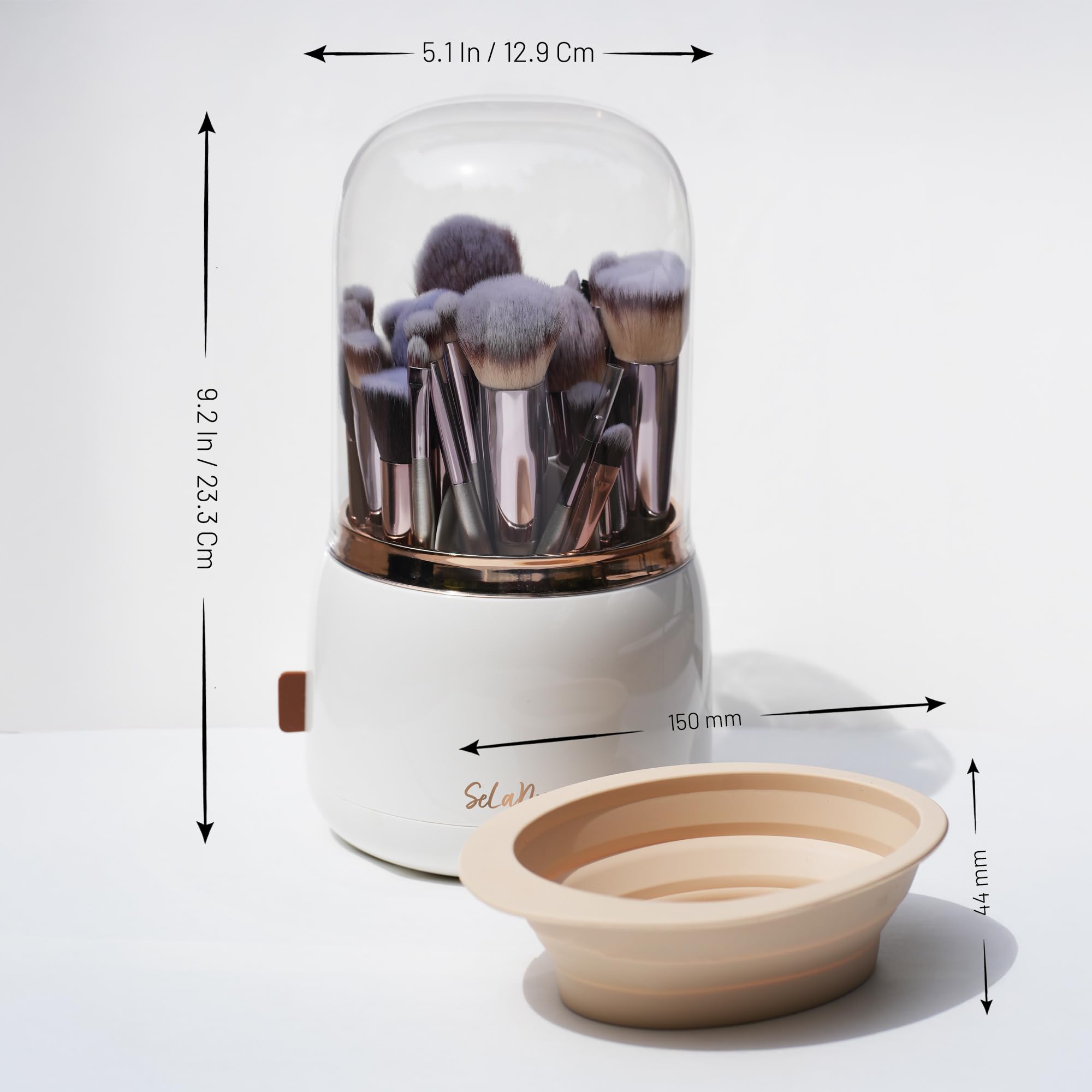 SeLaNoir Rotating Makeup Brush Holder with Lid and Brush Cleaner Bowl
