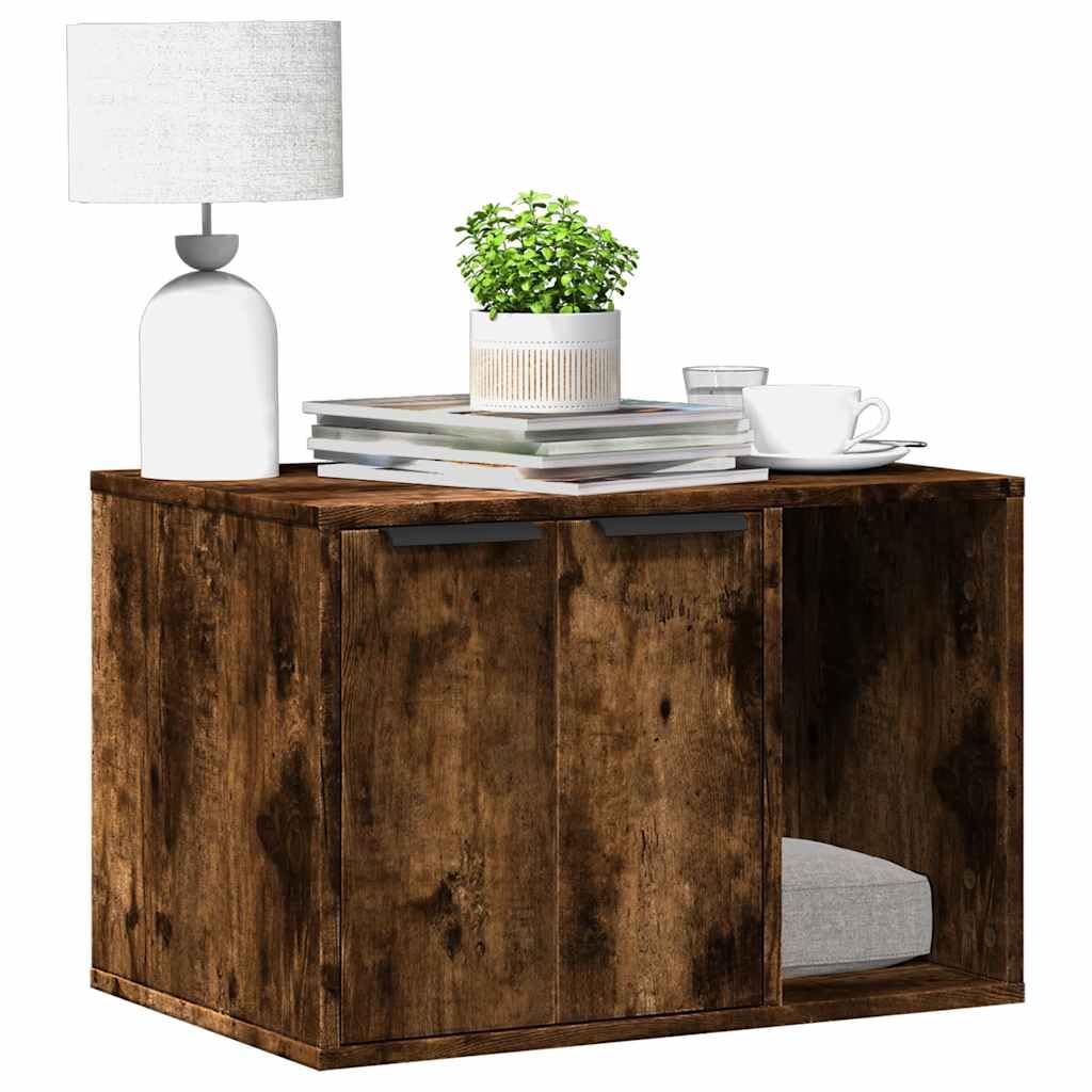 Katzenklo Schrank Räuchereiche 60x40x40 cm Holzwerkstoff - Katzenhaus mit 2 Eingängen, Katzenklo-Möbel versteckt, Beistelltisch und Katzenhöhle für Katzen