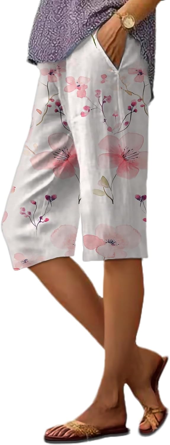 domirica Wide Leg Pants for Women Breathable Quick Dry Floral Graphic Hawaiian Beach Knee Length Trendy Bermuda Shorts