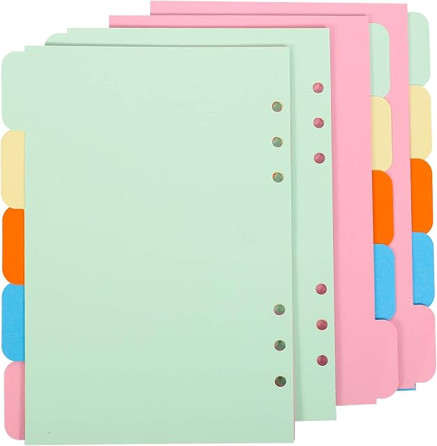 Xinzistar 20 Sheets A5 Ring Binder Dividers A5 Subject Dividers Paper Sheet Index Tab Colourful Punched File Cards 6 Holes for Binder Notebook A5 6-Hole Punched Colorful Ring Binder Divider