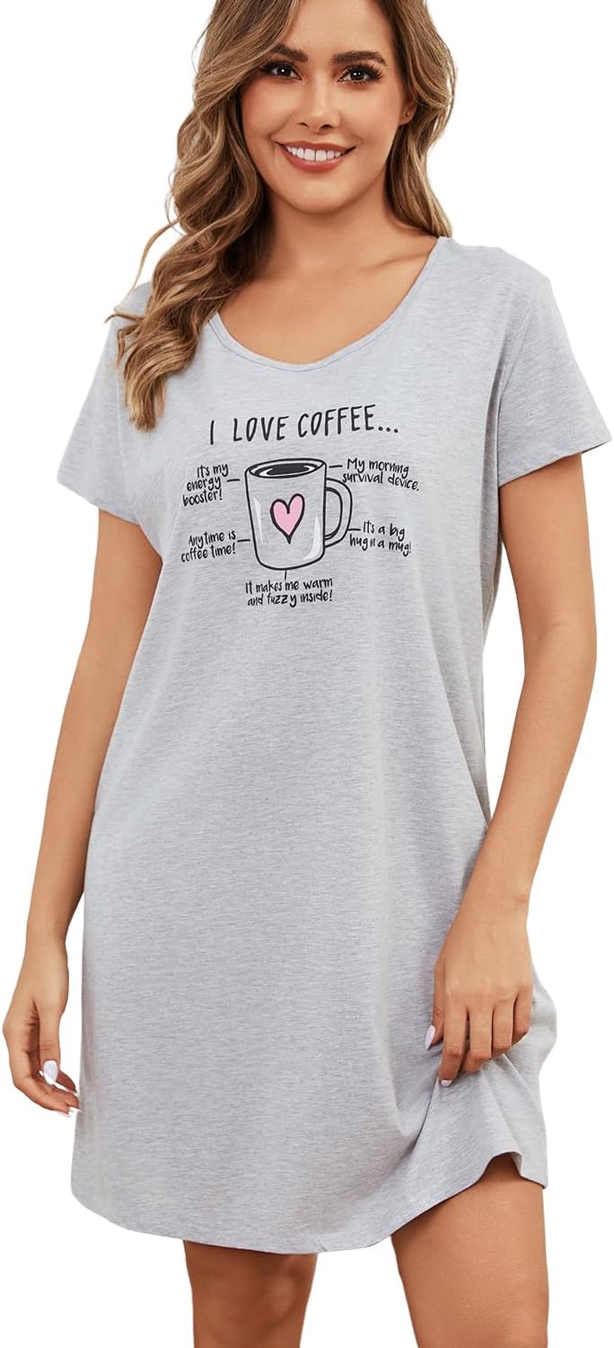 Inadays Women's Cotton Nightgown Sleepwear Short Sleeves Nightshirt Casual Print Sleepdress Loose Comfy Pajama - Image 4