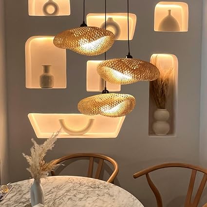 Lfoute Bamboe Hanglamp 3-Flame Vintage Rotan Boho Gevlochten Lampenkap Retro E27 Plafondlamp voor Slaapkamer, Woonkamer, Eetkamer, Keuken, Hal (Color:A) photo 3