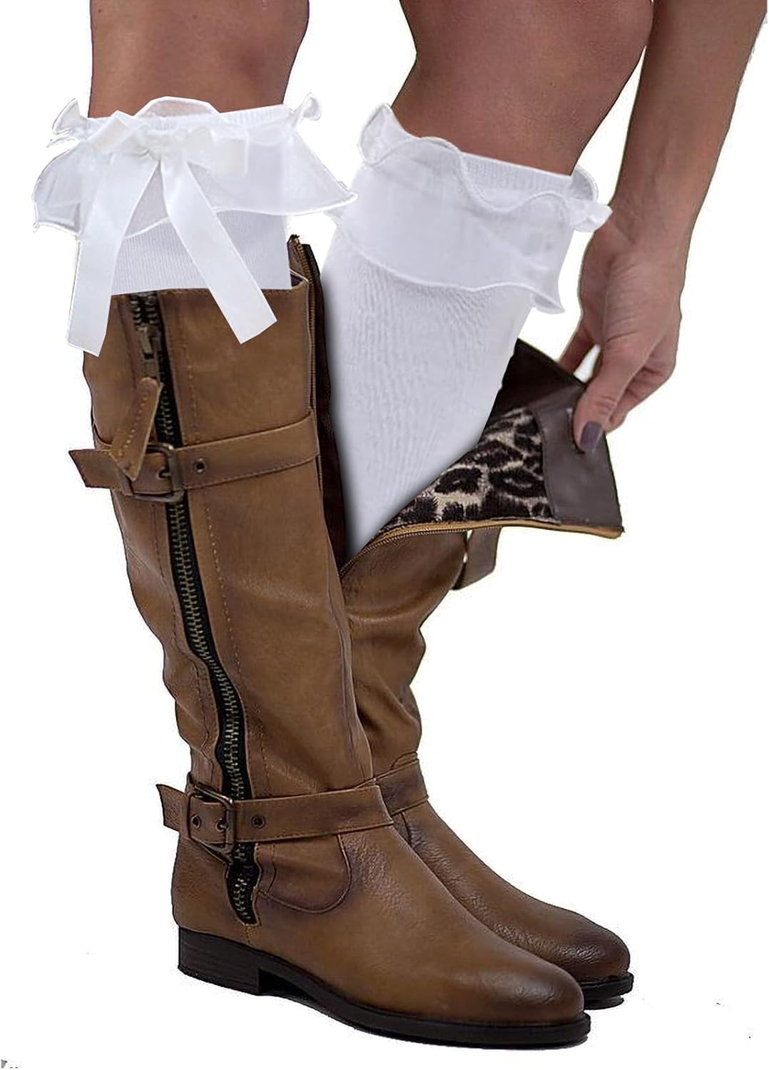 2 Pairs Women & Girl's Lace Knee High Socks with Ruffle Trim, White Boot Socks, Thigh High Stockings Over Knee Long Stockings