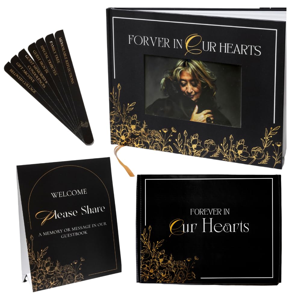 Ayotaa 'in Our Hearts' Funeral Guest Book – Customizable Photo Memorial Sign-in Book for Celebration of Life with Table Sign Included