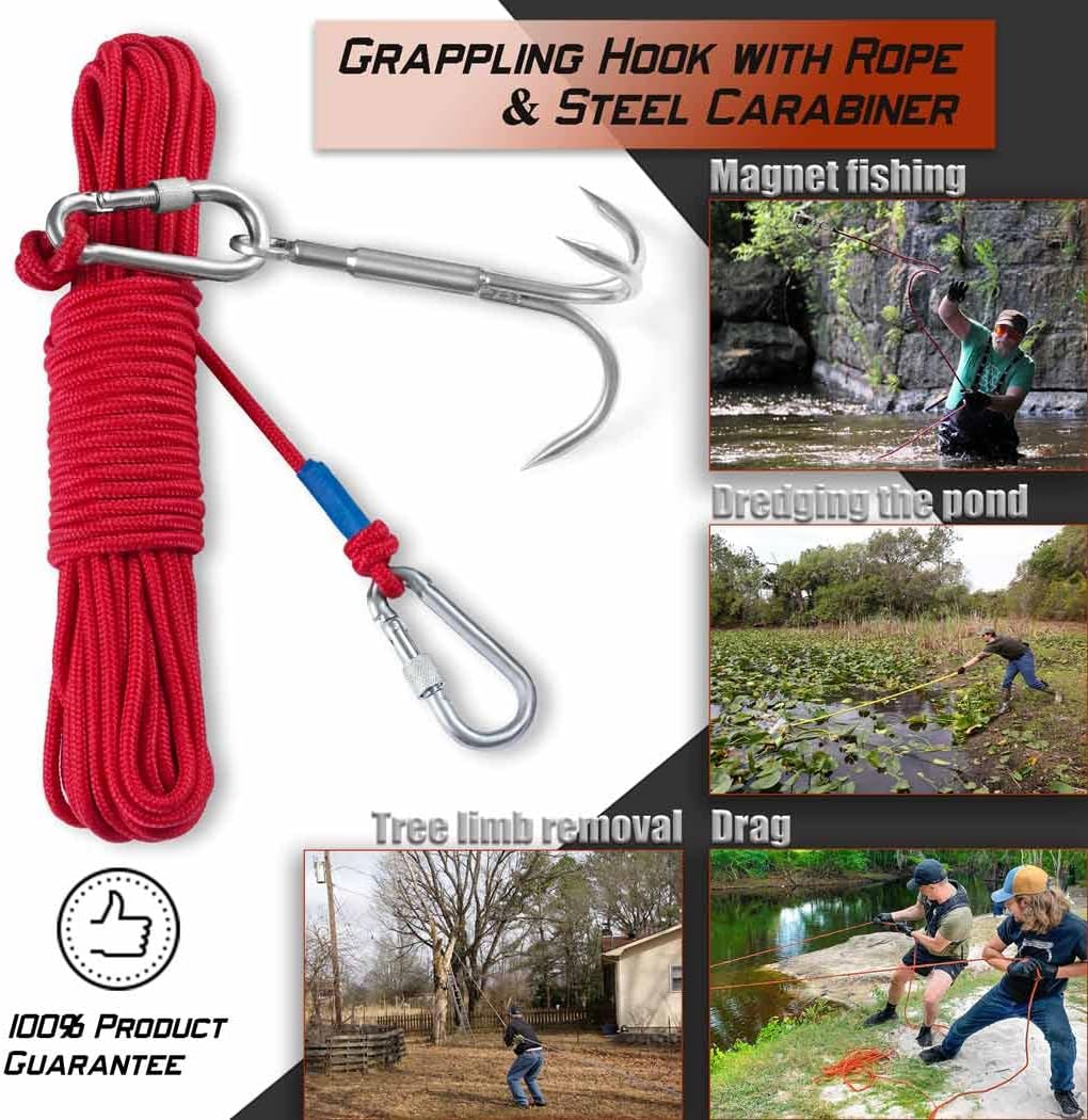 PIOSRTRR Grapple Hook with Rope-Includes Nylon Rope 6/8/10mm 50FT,Functional Grappling Hook and Double Carabiner,for Magnet Fishing/Drag/Tree Limb Removal