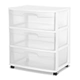 Wide 3 Drawer Storage Cart, Plastic Rolling Cart with Wheels to Organize Clothes in Bedroom, Closet, White with Clear Drawers, 3-Pack