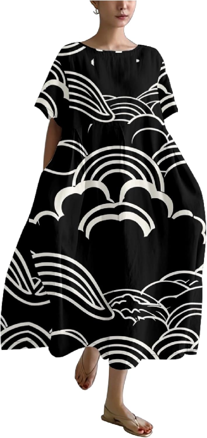 Midi Dresses for Women Casual Fashion T Shirt Dress Ruffle Hem Crew Neck Short Sleeve Summer Dresses Camping