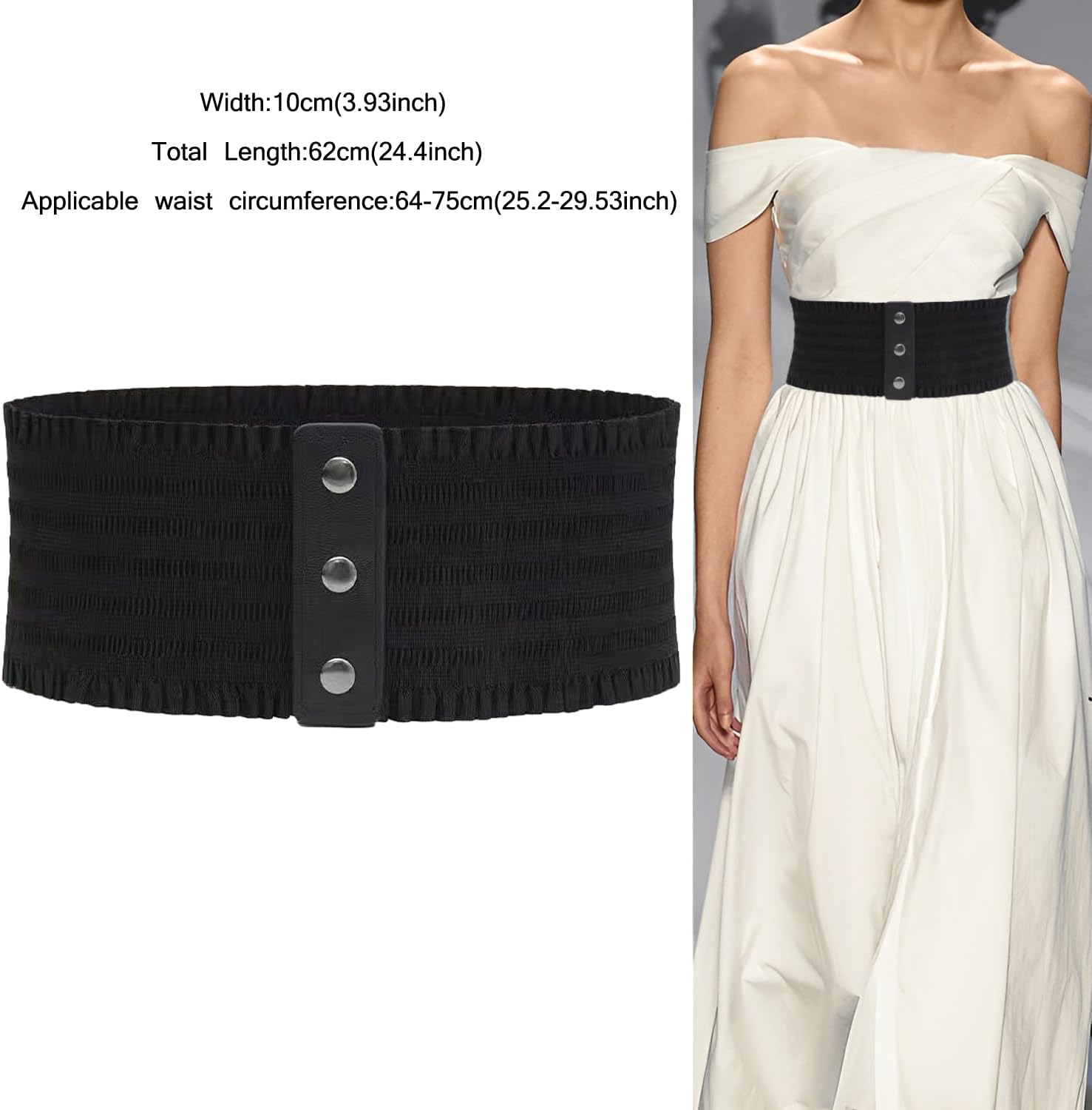 Women's Wide Elastic Belt Vintage Cinch Waistband Snap Button Corset Waist Band for Dress - Black - Image 2
