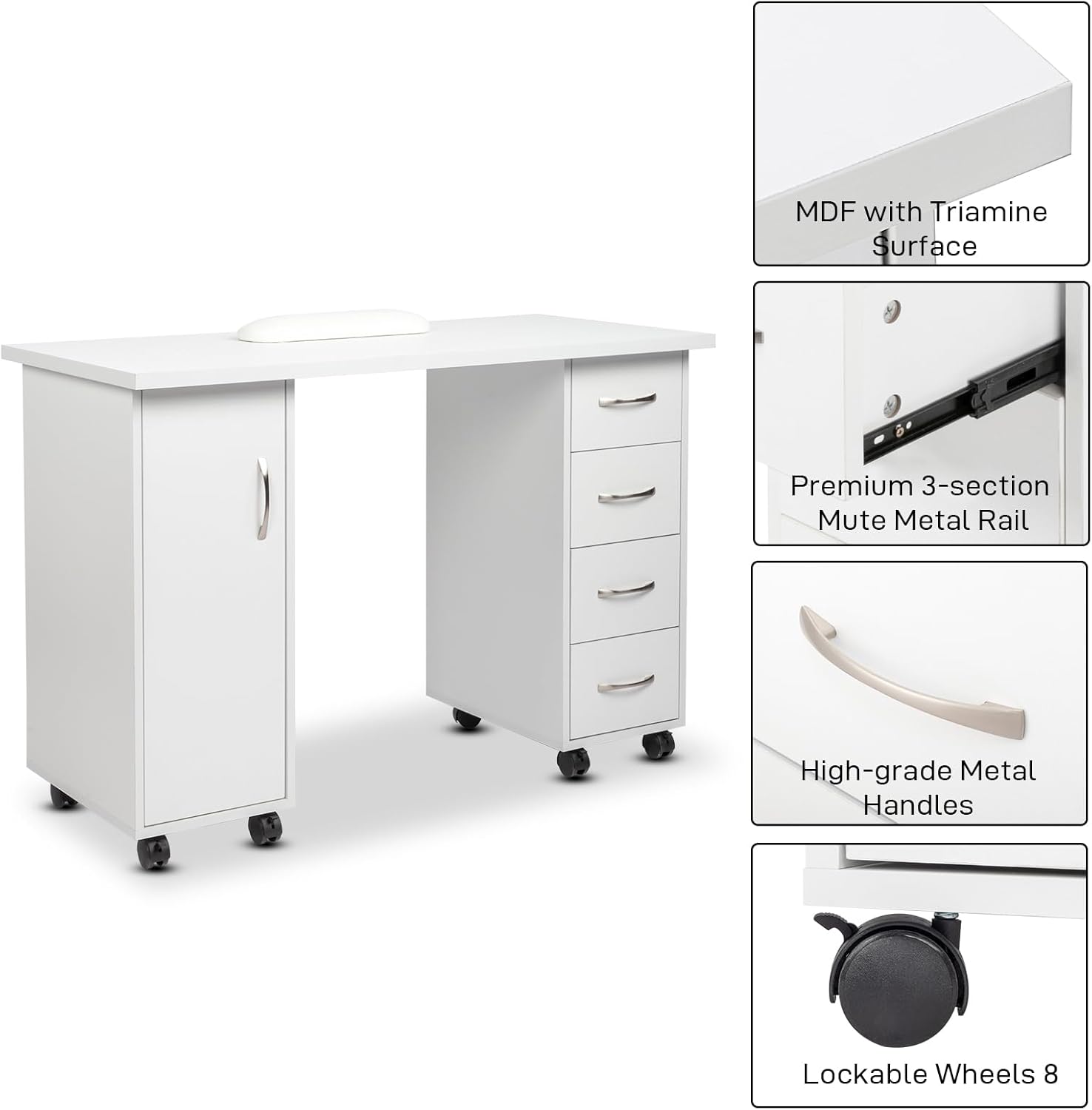 White Modern Nail Tech Workstation, Spa Salon Beauty Home Wooden Manicure Table with Cabinet, Drawers, Wheels & Arm Rest, 43.3"L x 17.7"W x 31.6"H