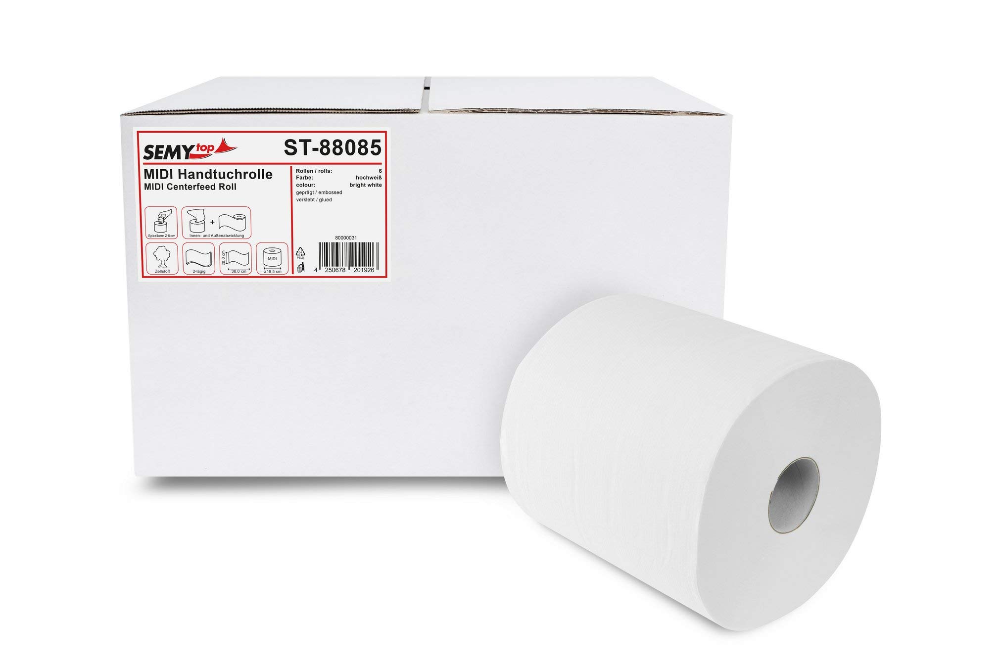SemyTop Handtuchrolle Midi, Innenabwicklung 20 cm, 2 lagig, hochweiß, 1er Pack (1 x 6 Stück)