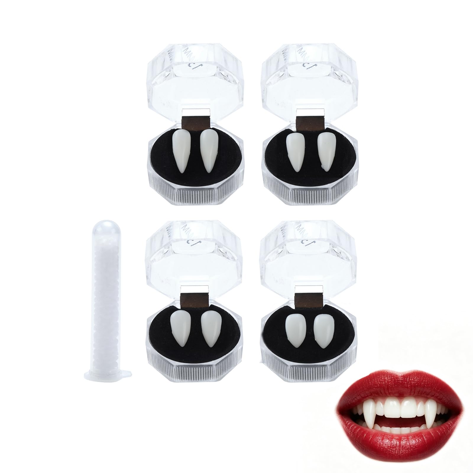 Vampire Teeth Set, 4 Pairs Fake Fangs, 4 Sizes, Adhesive, Vampire Fangs