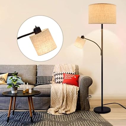DINGLILIGHTING DINGLILIGHTING Led-vloerlamp met 5 W leeslamp, moderne staande lamp, zwart, met 2 kantelschakelaars en stoffen kap, vintage vloerlamp, voor woonkamer, slaapkamer, kantoor, werkkamer (E27 gloeilampen