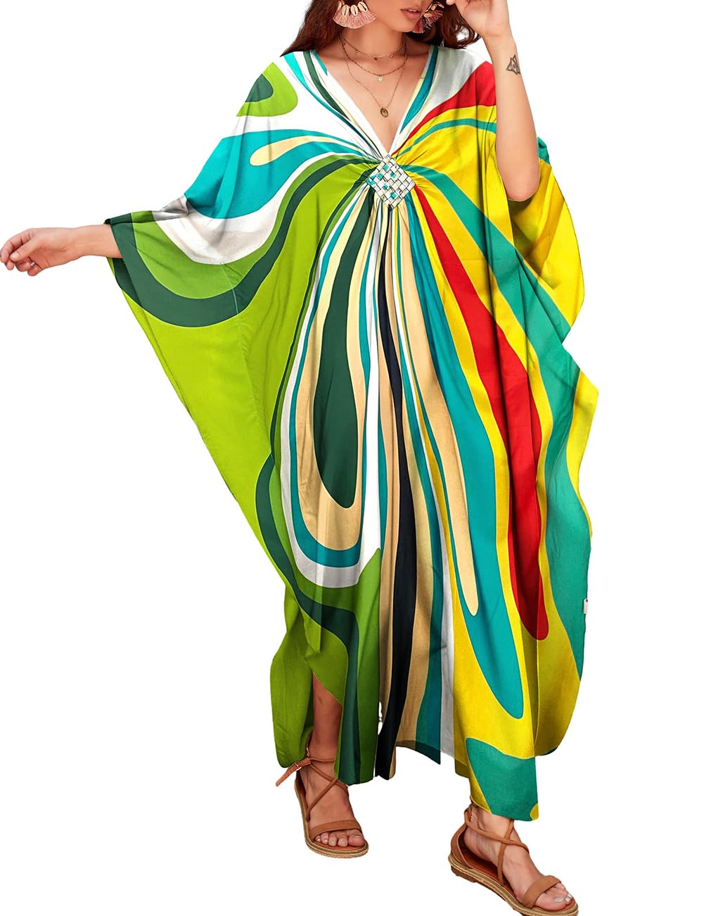 BsubseachWomen Print Beach Kaftan Dress Short Sleeve Plus Size Bathing Suit Cover Ups