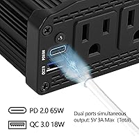 Vista 4 de ALLWEI Inversor de coche de 300 W con puerto USB 3.0 USB-C de 65 W - CC 12 V a 110 V (negro y azul)