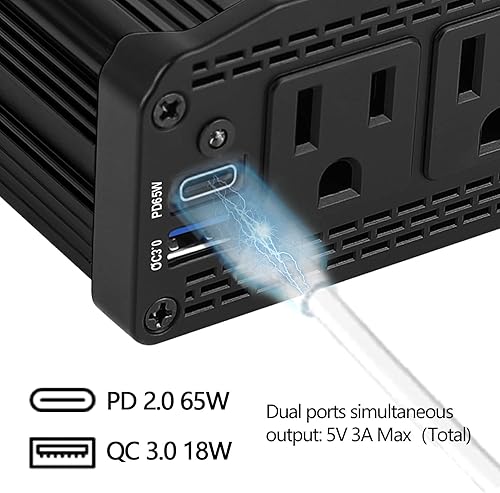 Miniatura 4 de ALLWEI Inversor de coche de 300 W con puerto USB 3.0 USB-C de 65 W - CC 12 V a 110 V (negro y azul)