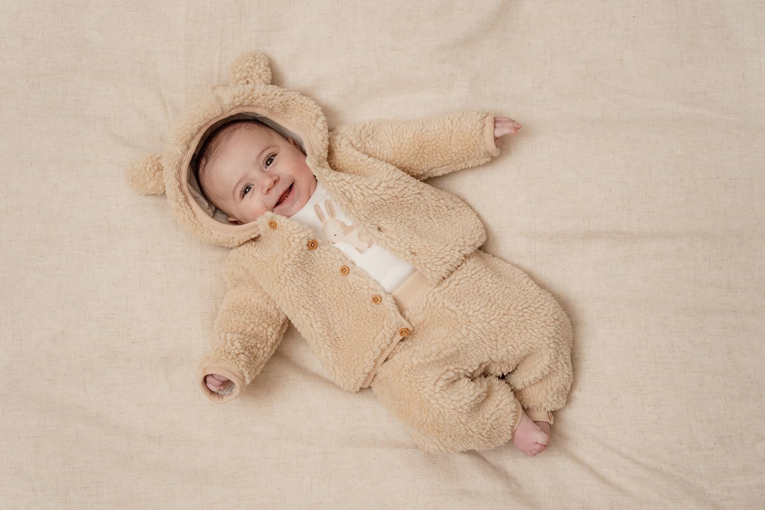 Little Dutch Winterjacke Fleecejacke Teddy Jacke mit Kapuze Ohren Baby beige (Gr. 68)