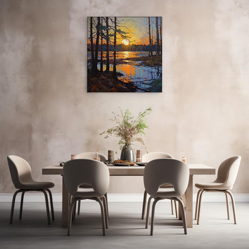Canvas for Living room. Tranquil Wilderness at Dusk: A Painting of Serenity in Sun's Embrace, 27 x 18 inch Canvas Wall Art - Contemporary Masterpieces - Modern Home Decor