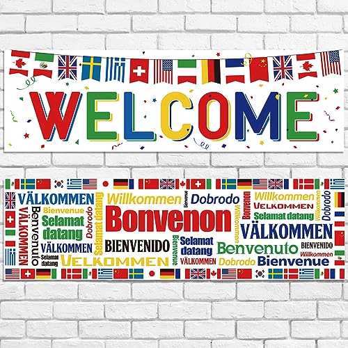 Panelee 2 Bannières de Welcome Internationales 35 x 110 cm Décorations de Bannières de Drapeaux de Pays du Monde en Polyester pour Événements Sportifs Club...