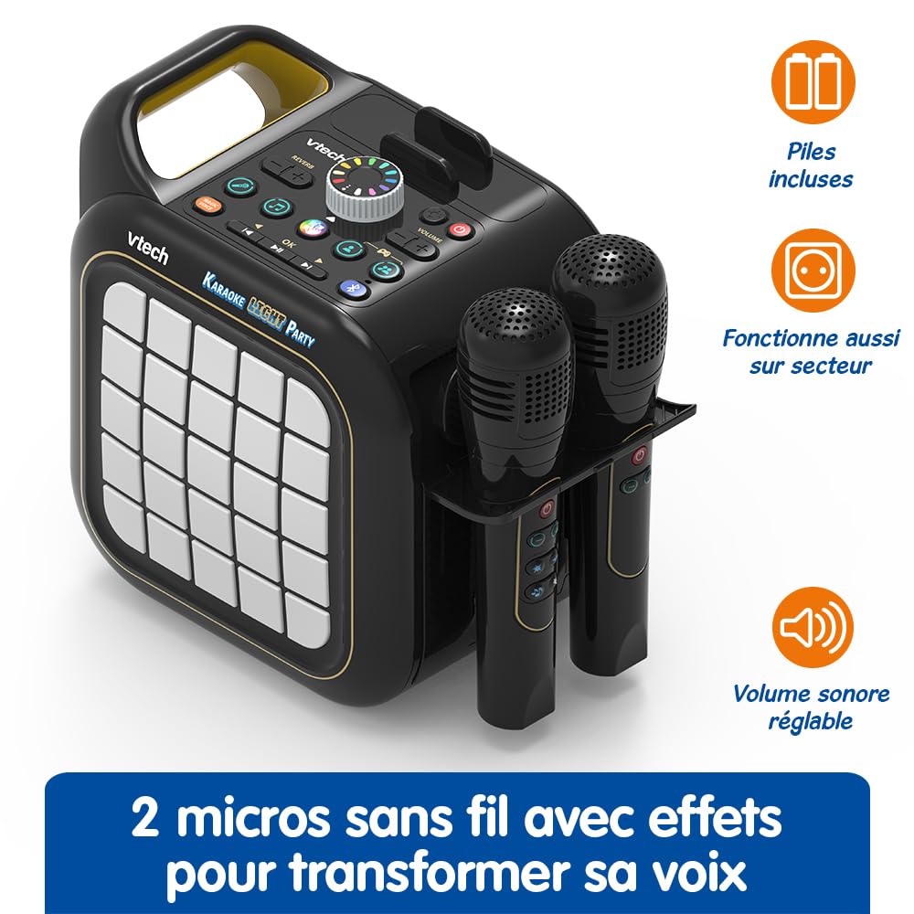VTech Karaoke Light Party Enceinte Bluetooth Lumineuse Pixel Art Kit Karaoké Complet avec 2 Micros sans Fil Modificateur de Voix Jeux