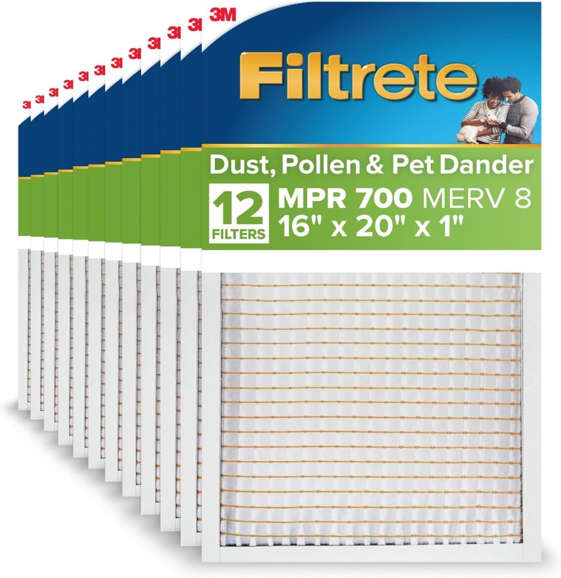 Filtrete 16x20x1 AC Furnace Air Filter, MPR 700, MERV 8, Tough on Pollen, Easy on Airflow, 3-Month Pleated 1-Inch Electrostatic Air Cleaning Filter, 12-Pack (Actual Size 15.68 x 19.68 x 0.78 in)