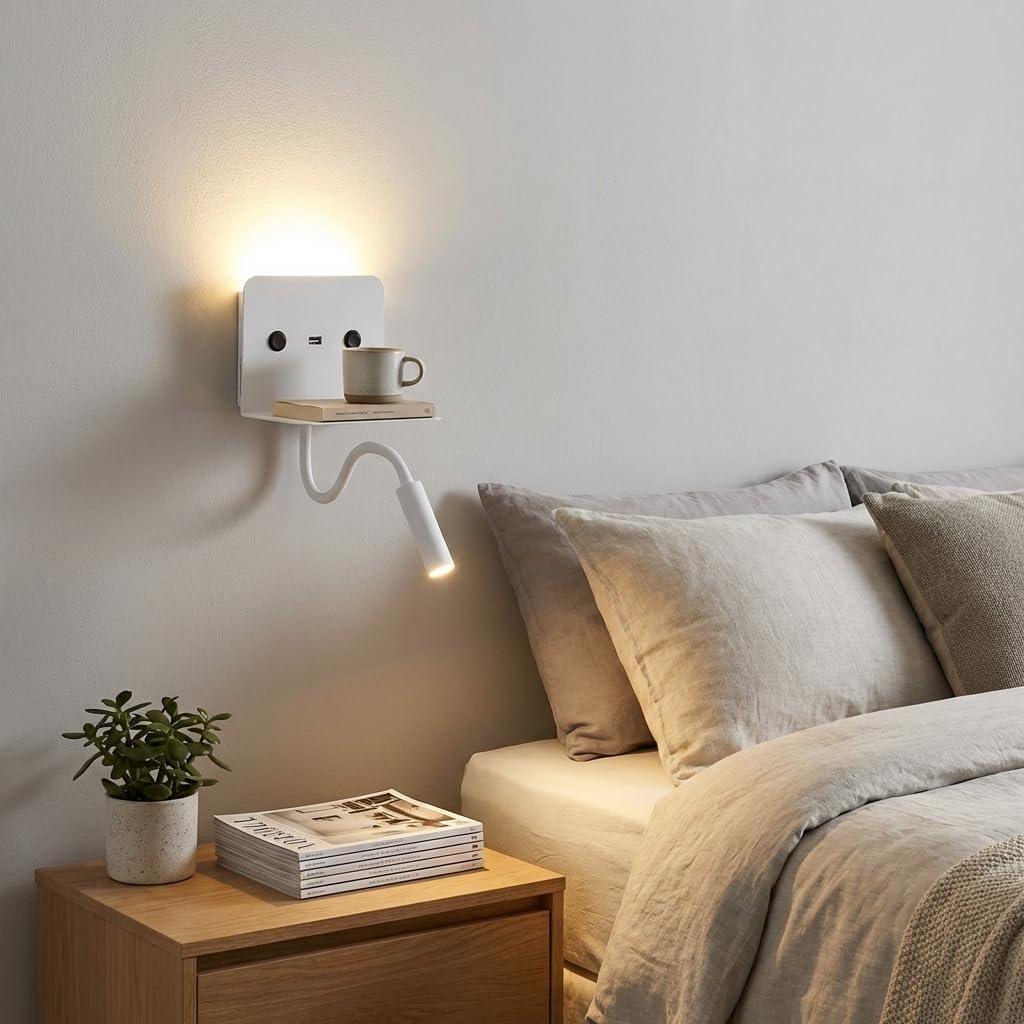 Lampada da parete LED da lettura "SLANGE" 3W + 6W, orientabile e con base di ricarica USB