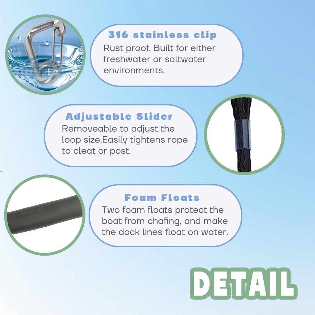 4-Pack Boat Bungee Dock Line for Temporary Boat Docking,– 4FT (Extends to 5.5FT) –Retractable Mooring Rope with 316 Stainless Steel Clip and Foam Float,Boat Accessory (Black) - Image 4