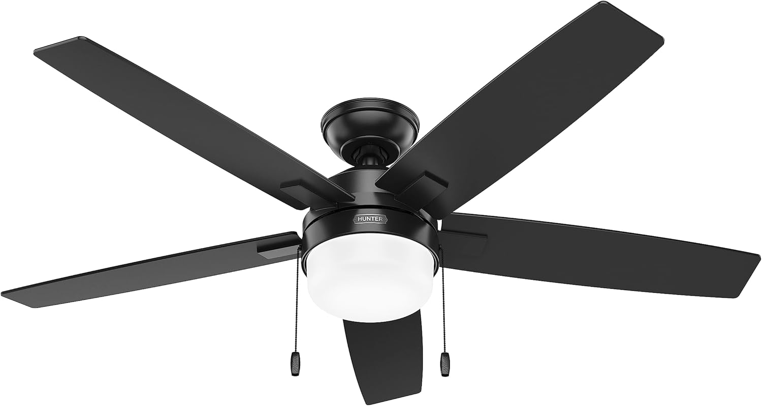 Hunter 52 inch Indoor Ceiling Fan with LED Light - Black Ceiling Fan with Pull Chain, For Bedroom or Living Room, Standard Mount, No Remote, 5 Blades, Includes Bulbs - Anisten 52485, Matte Black