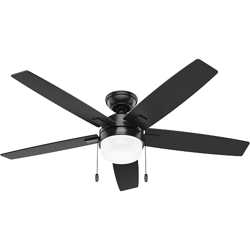 Hunter 52 inch Indoor Ceiling Fan with LED Light - Black Ceiling Fan with Pull Chain, For Bedroom or Living Room, Standard Mount, No Remote, 5 Blades, Includes Bulbs - Anisten 52485, Matte Black