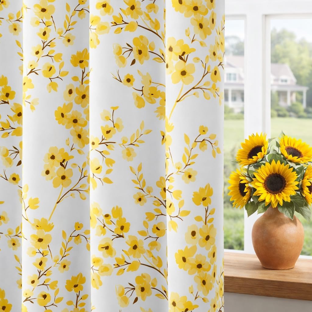 HOMEIDEAS Yellow Floral Blackout Curtains, 52 x 84 Inches Long Room Darkening Flower Grommet Drapes for Living Room, Bedroom, 2 Panels