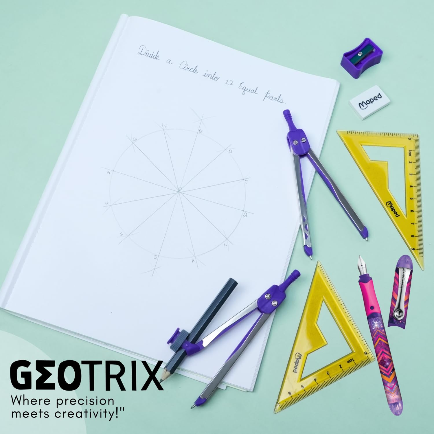Maped StudyMate - Set di 3 compasso, 9 pezzi, con portablocco in MDF color pastello e penna stilografica, set completo di studio per esami scolastici e studenti, ideale per disegnare, redigere e