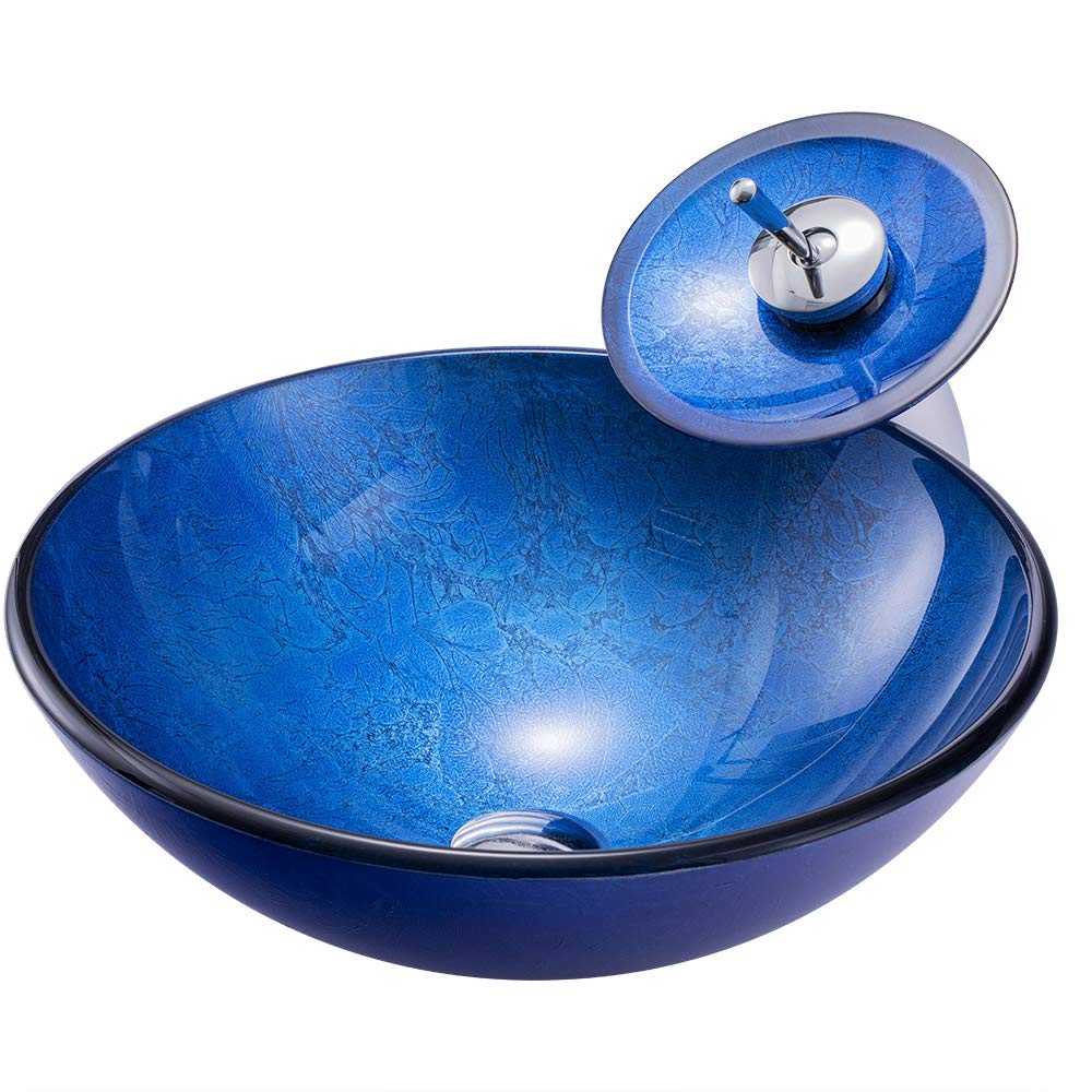 Lavabo rond en verre bleu vasque à poser et robinetterie cascade de salle de bain